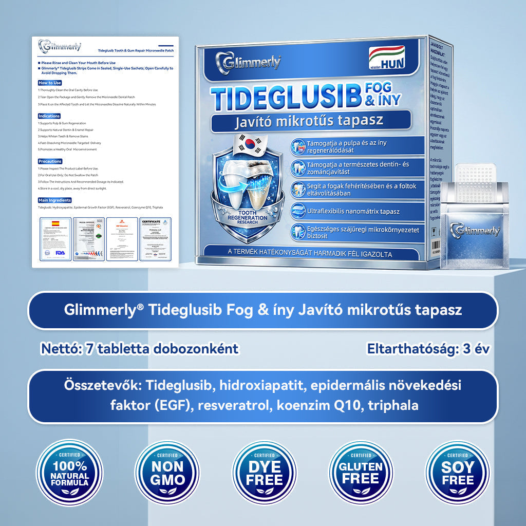 🦷CleraNaure® Tideglusib Fog & íny Javító mikrotűs tapasz | Fejlett őssejt-aktiváló fogcsíkok (újjáépíti a fogzománcot és a dentint • erősíti az ínyt • megszünteti a fogkövet és a szagokat • megállítja a fogérzékenységet) 3.0