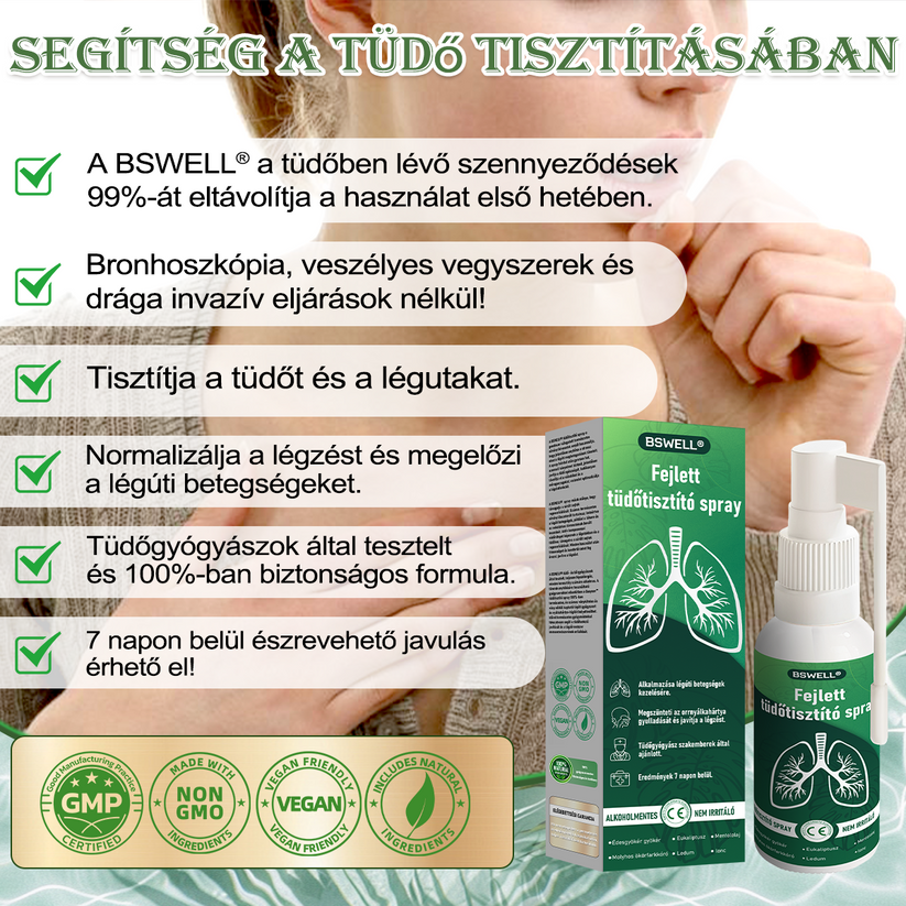 🍀🍀 BSWELL® Fejlett Tüdőtisztító Spray-✅ Támogatja a tüdő, a hörgők és az orrmelléküregek egészségét, hozzájárul a légzőrendszer megfelelő működéséhez, és megkönnyítheti a légzést.