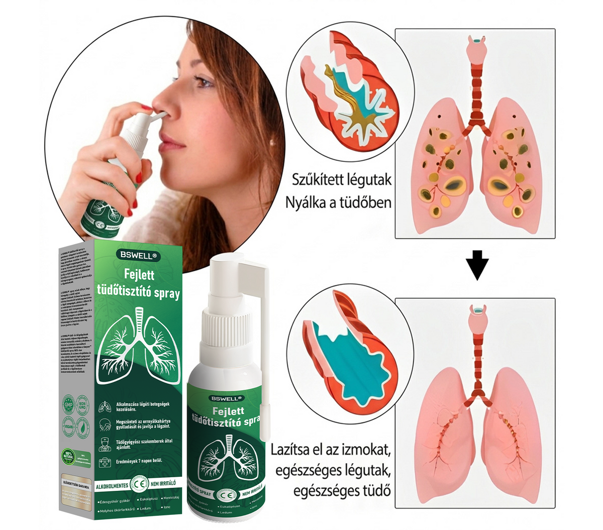 🍀🍀 BSWELL® Fejlett Tüdőtisztító Spray-✅ Támogatja a tüdő, a hörgők és az orrmelléküregek egészségét, hozzájárul a légzőrendszer megfelelő működéséhez, és megkönnyítheti a légzést.