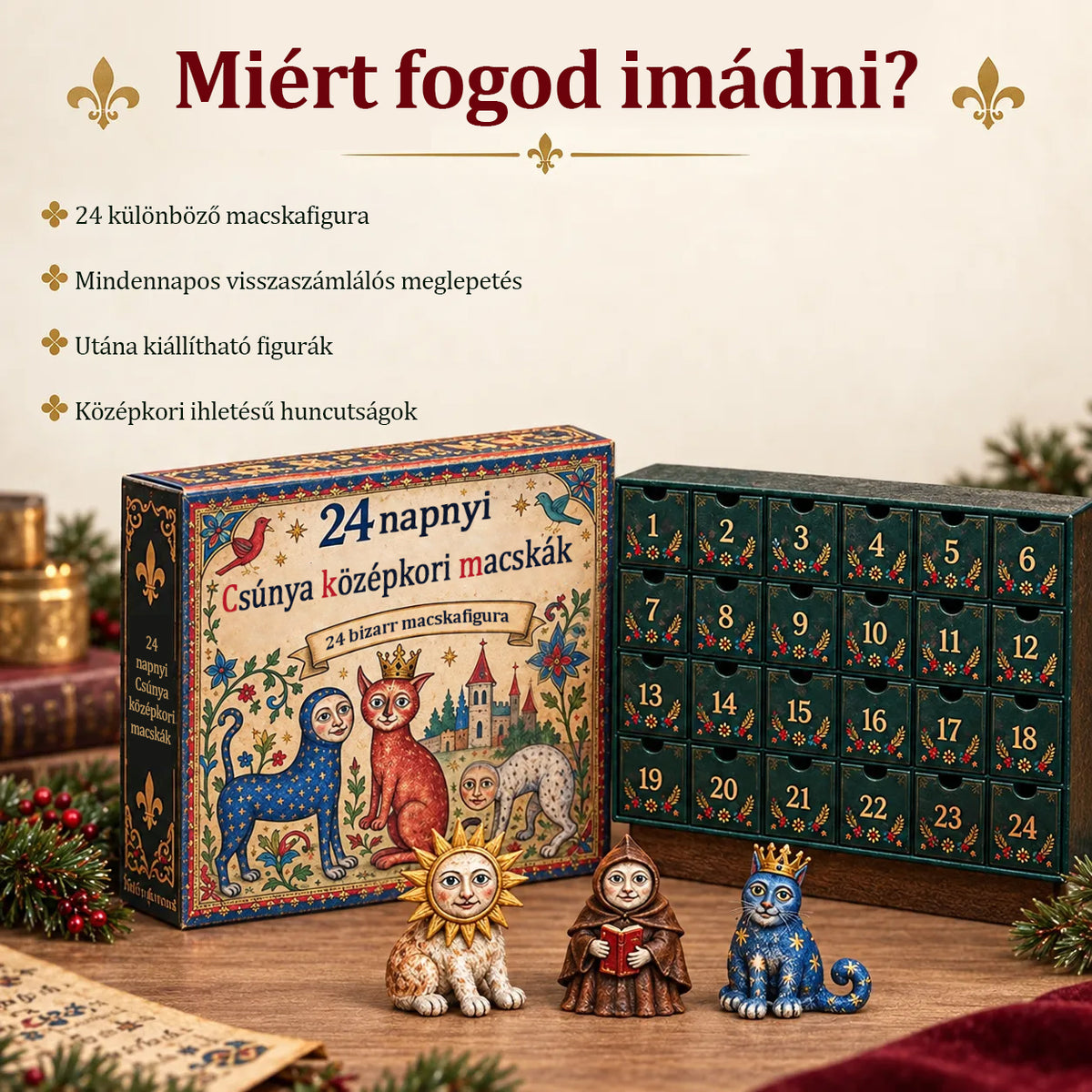 🐱🏰 2026-os adventi kalendárium – 24 nap mókásan ronda középkori macskákkal