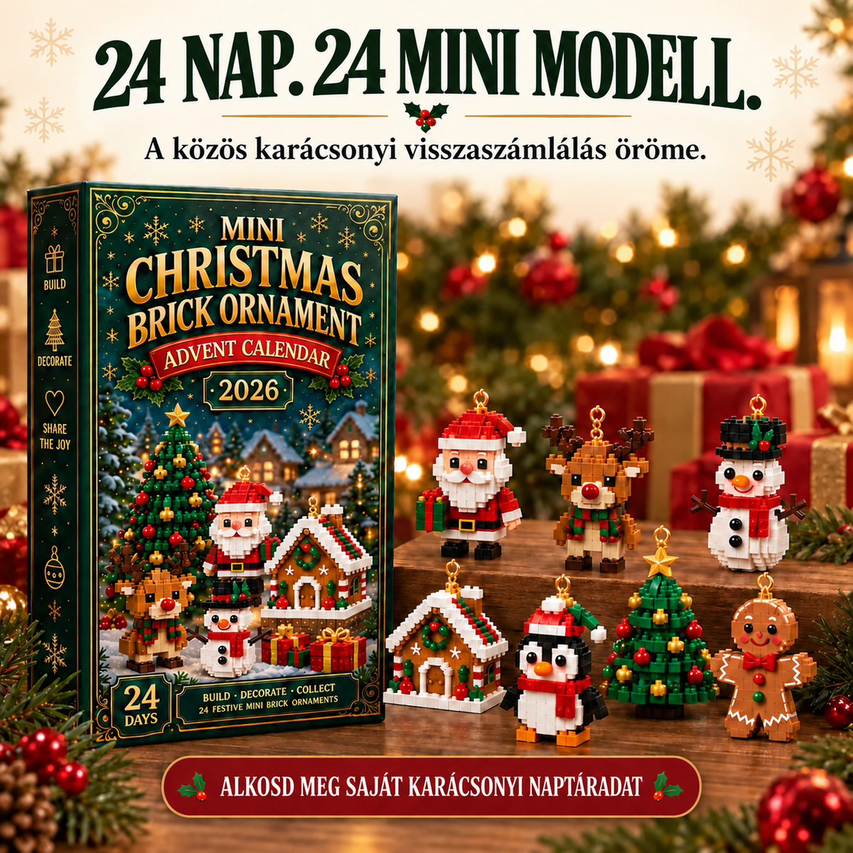 🎄 24 napos karácsonyi építőkockás adventi kalendárium – 24 egyedi, összeépíthető miniatűr karácsonyfadísszel