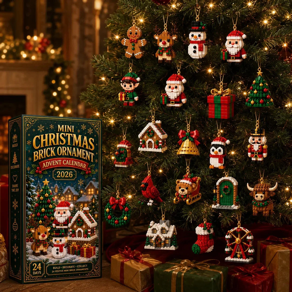 🎄 24 napos karácsonyi építőkockás adventi kalendárium – 24 egyedi, összeépíthető miniatűr karácsonyfadísszel