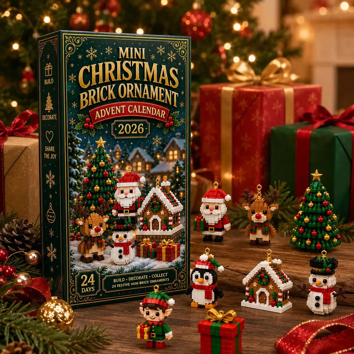 🎄 24 napos karácsonyi építőkockás adventi kalendárium – 24 egyedi, összeépíthető miniatűr karácsonyfadísszel