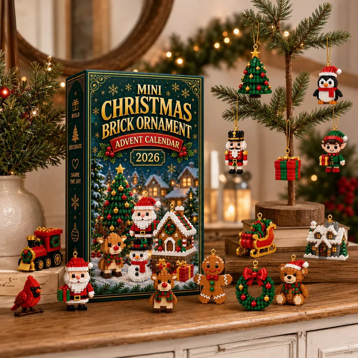 🎄 24 napos karácsonyi építőkockás adventi kalendárium – 24 egyedi, összeépíthető miniatűr karácsonyfadísszel