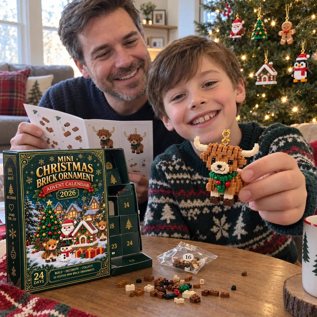 🎄 24 napos karácsonyi építőkockás adventi kalendárium – 24 egyedi, összeépíthető miniatűr karácsonyfadísszel