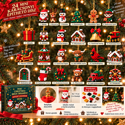 🎄 24 napos karácsonyi építőkockás adventi kalendárium – 24 egyedi, összeépíthető miniatűr karácsonyfadísszel