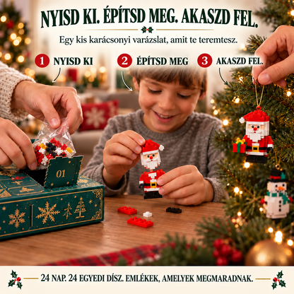 🎄 24 napos karácsonyi építőkockás adventi kalendárium – 24 egyedi, összeépíthető miniatűr karácsonyfadísszel