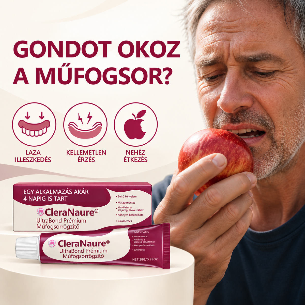Spóroljon 50%-ot, ha még ma rendel 丨CleraNaure® UltraBond Prémium Műfogsorrögzítő – Elege van az elmozduló műfogsorból? Élvezze a biztosabb tartást! 🦷🧡