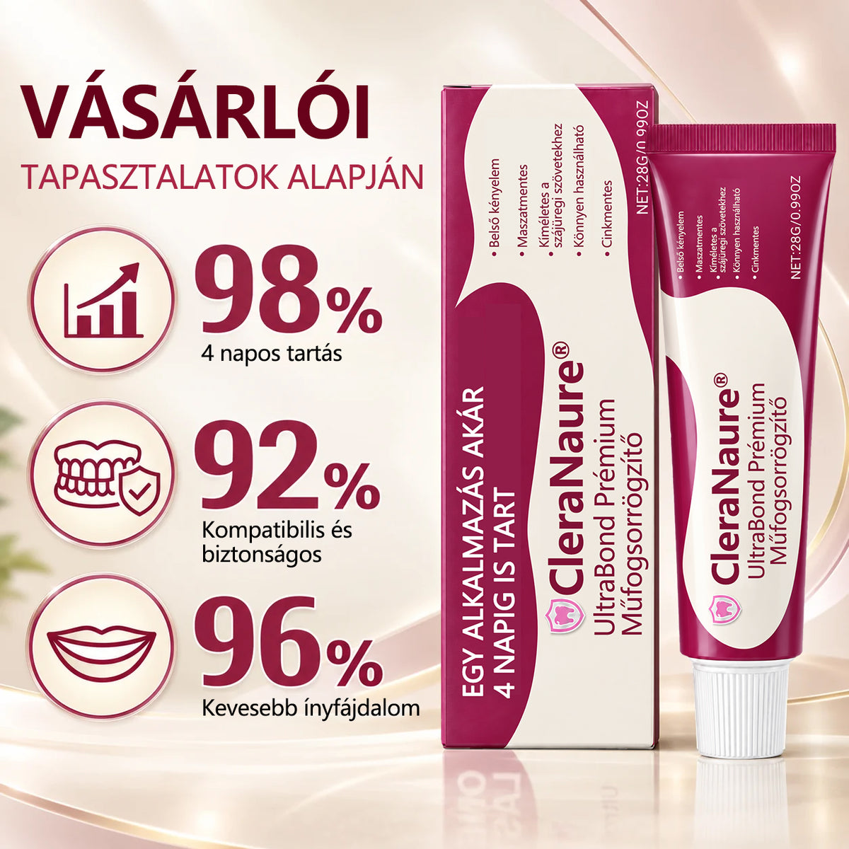 Spóroljon 50%-ot, ha még ma rendel 丨CleraNaure® UltraBond Prémium Műfogsorrögzítő – Elege van az elmozduló műfogsorból? Élvezze a biztosabb tartást! 🦷🧡