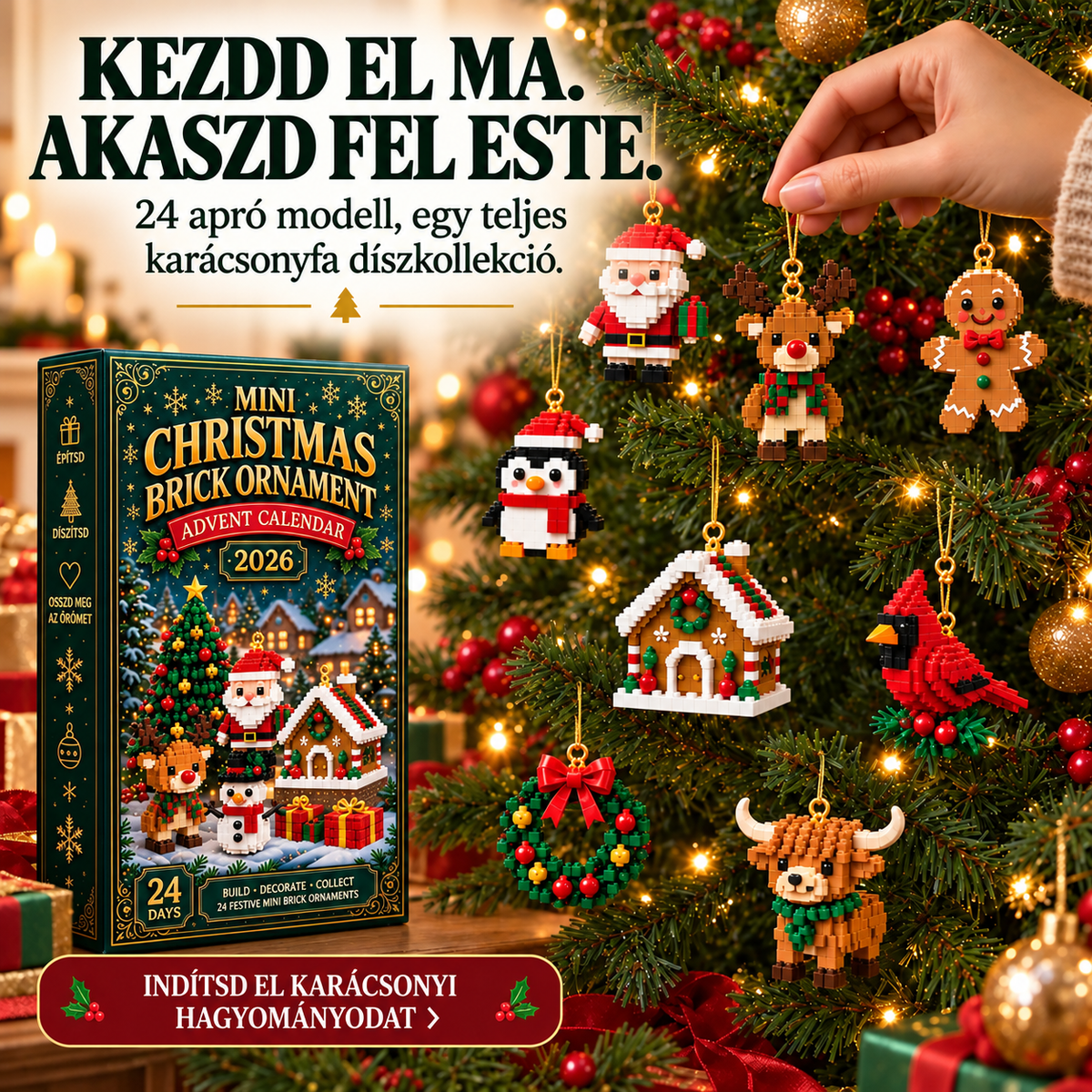 🎄 24 napos karácsonyi építőkockás adventi kalendárium – 24 egyedi, összeépíthető miniatűr karácsonyfadísszel