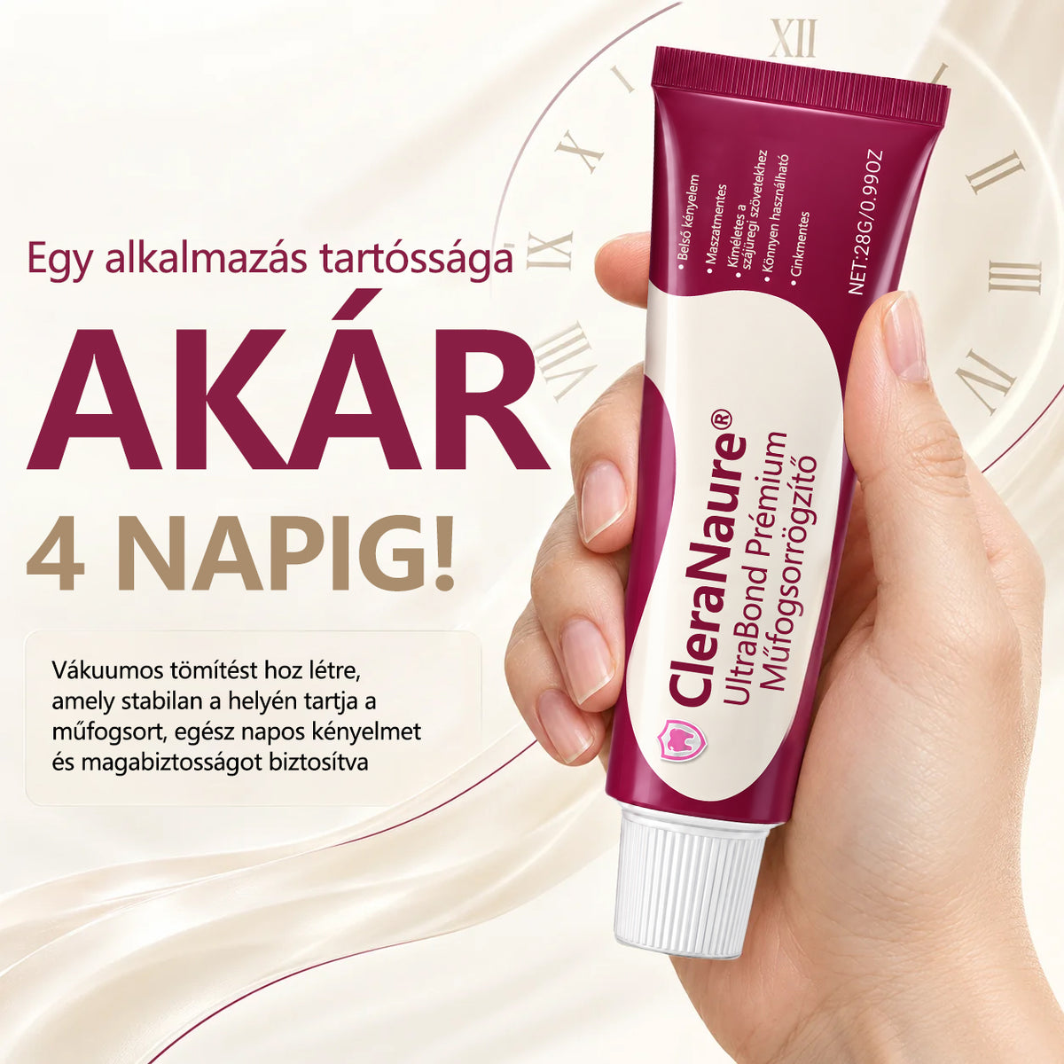 Spóroljon 50%-ot, ha még ma rendel 丨CleraNaure® UltraBond Prémium Műfogsorrögzítő – Elege van az elmozduló műfogsorból? Élvezze a biztosabb tartást! 🦷🧡