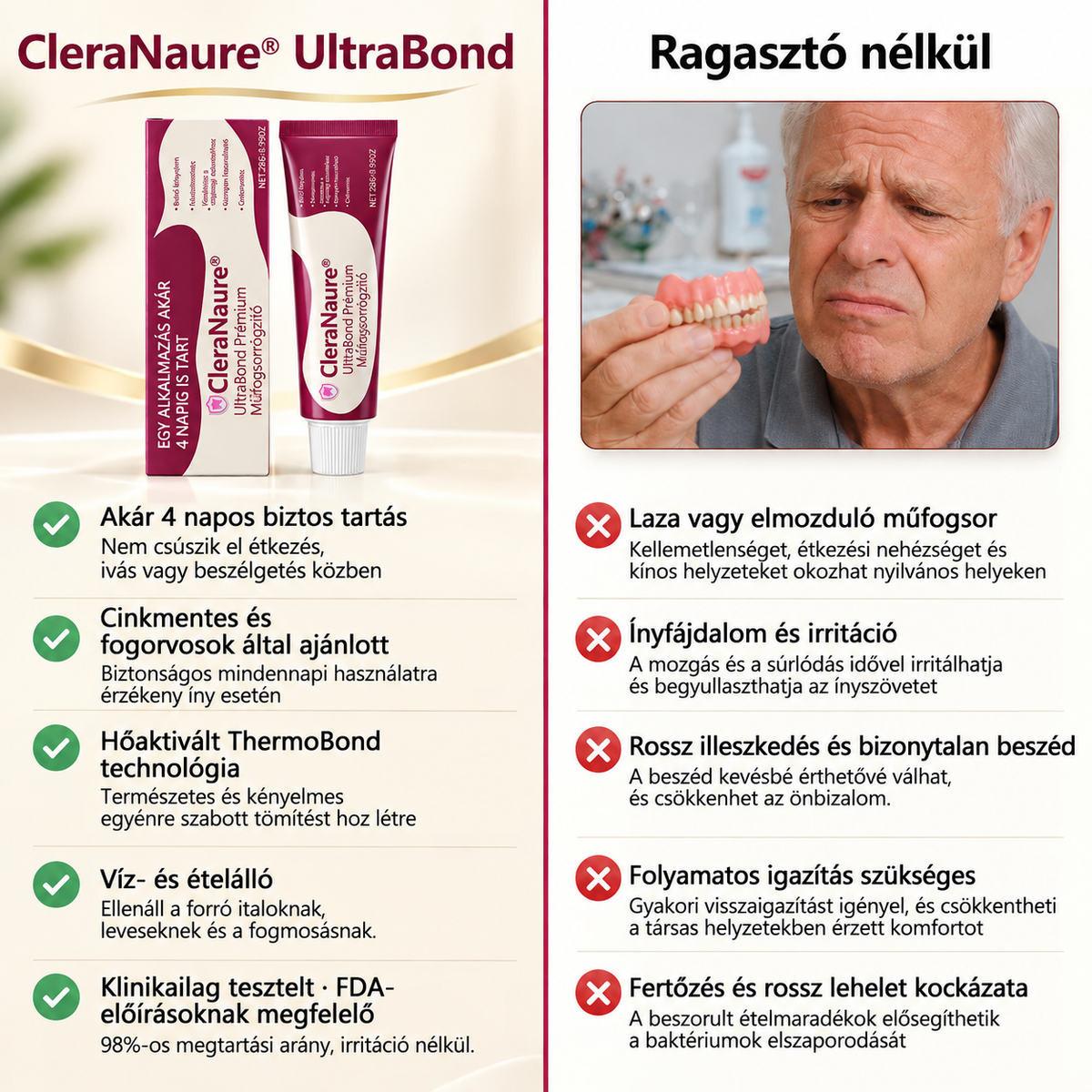 Spóroljon 50%-ot, ha még ma rendel 丨CleraNaure® UltraBond Prémium Műfogsorrögzítő – Elege van az elmozduló műfogsorból? Élvezze a biztosabb tartást! 🦷🧡