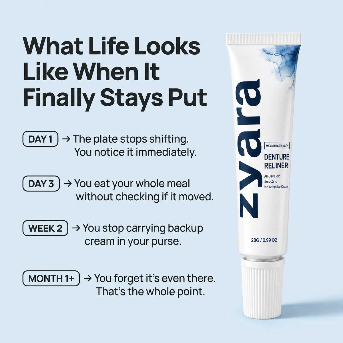 Zyara ™ | Stop Denture Slipping 100% — All-Day Secure Hold